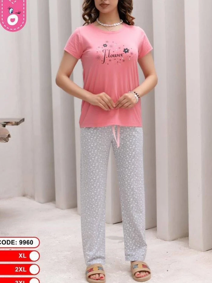 ست تیشرت صورتی و شلوار - رنگ خاکستری - سایز ۲ ایکس لارژ