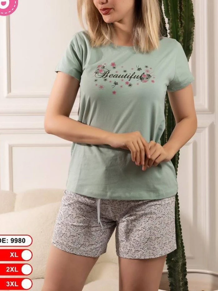 ست تیشرت سبز و شلوارک - رنگ خاکستری - سایز ۲ ایکس لارژ